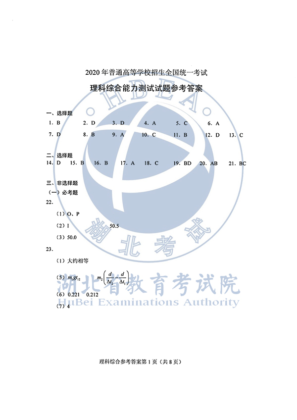 2020年全国I卷（福建高考）理综真题及参考答案