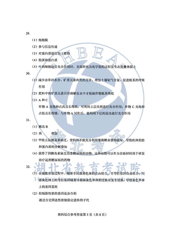 2020年全国I卷（福建高考）理综真题及参考答案